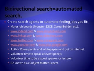 In a unidirectional search, candidates
throw as much as they can against the wall,
hoping it sticks.
They blame the job market, corporate
America, recruiters, competition, off-
shoring, outsourcing, politicians, and more.
The reality is they choose to use an
outdated process instead of adapting to the
new marketplace.
It is this process and zone that delays their
job search and makes it less rewarding.
They prefer the pain of unemployment to
the pain of conducting a successful search.
 An “old style” job search
is unidirectional
meaning that
candidates chase jobs.
 This is an outdated,
irrelevant type of search
that takes a very long
time, and is very painful.
 