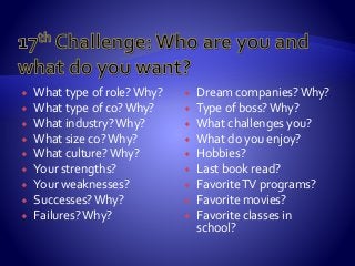  What type of role?Why?
 What type of co?Why?
 What industry?Why?
 What size co?Why?
 What culture?Why?
 Your strengths?
 Your weaknesses?
 Successes?Why?
 Failures?Why?
 Dream companies?Why?
 Type of boss?Why?
 What challenges you?
 What do you enjoy?
 Hobbies?
 Last book read?
 FavoriteTV programs?
 Favorite movies?
 Favorite classes in
school?
 
