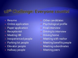  Resume
 Online application
 Paper application
 Receptionist
 Meeting HR
 Inexperienced people
 Parking lot people
 Elevator people
 Hallway people
 Other candidates
 Psychological profile
 Final interview
 Driving to interview
 Driving home
 Meeting with realtor
 Meeting benefits people
 Meeting subordinates
 Meeting peers
 