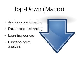 Top-Down (Macro)
• Analogous estimating
• Parametric estimating
• Learning curves
• Function point
analysis
 
