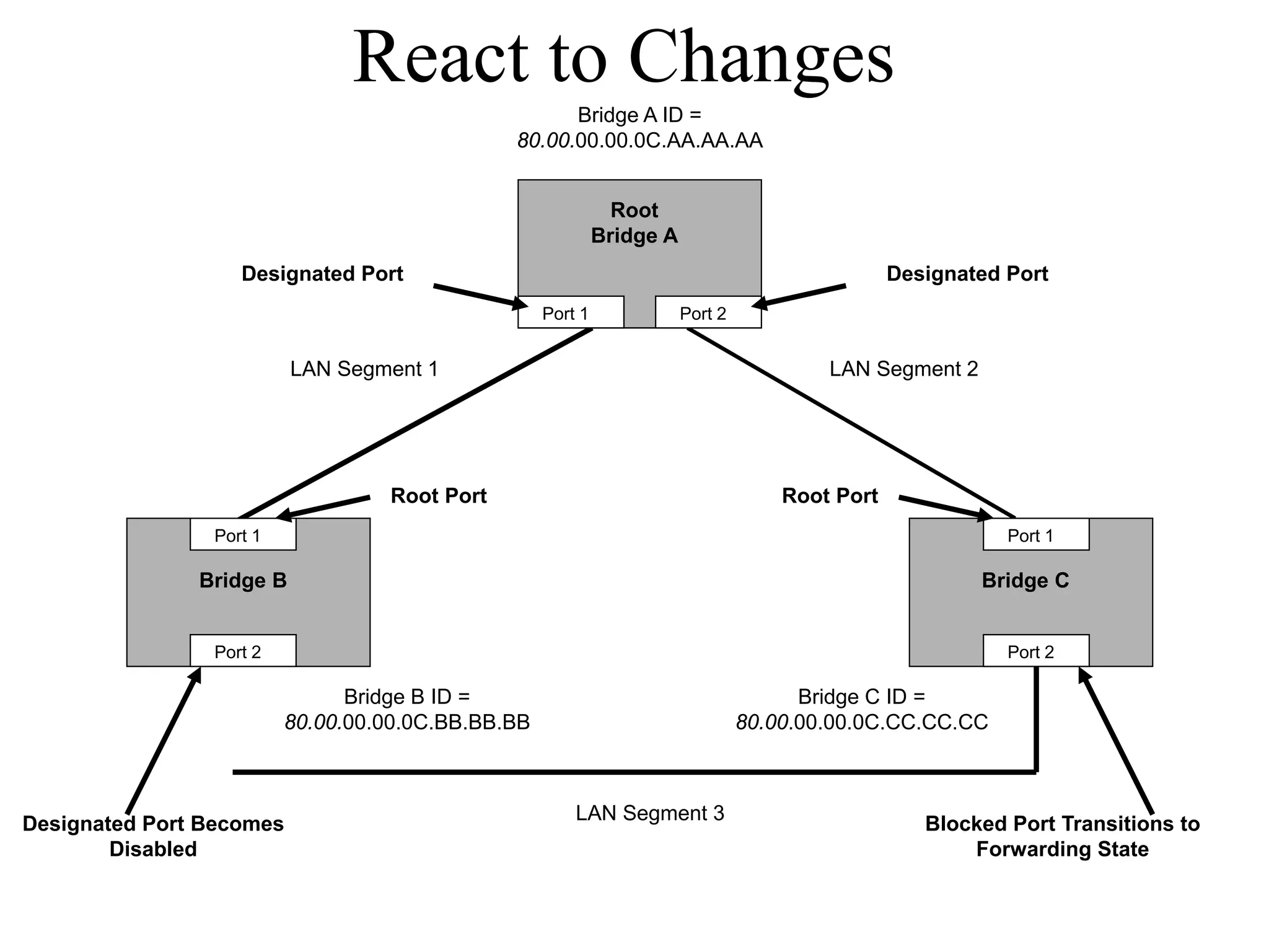 React to Changes
                                                    Bridge A ID =
                                              80.00.00.00.0C.AA.AA.AA


                                                              Root
                                                            Bridge A
                   Designated Port                                                              Designated Port
                                                   Port 1              Port 2


                          LAN Segment 1                                                 LAN Segment 2




                                  Root Port                                         Root Port
                Port 1                                                                                     Port 1

               Bridge B                                                                                 Bridge C


                Port 2                                                                                     Port 2

                               Bridge B ID =                                          Bridge C ID =
                         80.00.00.00.0C.BB.BB.BB                                80.00.00.00.0C.CC.CC.CC



                                                       LAN Segment 3
Designated Port Becomes                                                                            Blocked Port Transitions to
        Disabled                                                                                       Forwarding State
 