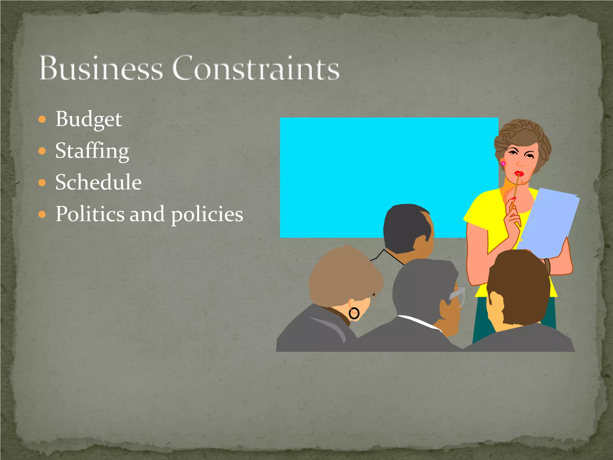  Budget
 Staffing
 Schedule
 Politics and policies
 