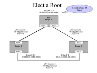 Elect a Root                                                  Lowest Bridge ID
                                       Bridge A ID =                                      Wins!
                                 80.00.00.00.0C.AA.AA.AA


                                                 Root
                                               Bridge A


                                      Port 1              Port 2


 LAN Segment 1                                                                    LAN Segment 2
100-Mbps Ethernet                                                                100-Mbps Ethernet
    Cost = 19                                                                        Cost = 19




   Port 1                                                                                    Port 1

 Bridge B                                                                                Bridge C


   Port 2                                                                                    Port 2

                  Bridge B ID =                                          Bridge C ID =
            80.00.00.00.0C.BB.BB.BB                                80.00.00.00.0C.CC.CC.CC



                                         LAN Segment 3
                                        100-Mbps Ethernet
                                            Cost = 19
 
