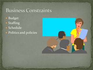  Budget
 Staffing
 Schedule
 Politics and policies
 