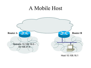 A Mobile Host



Router A                                Router B



    Subnets 10.108.16.0 -
        10.108.31.0


                              Host 10.108.16.1
 
