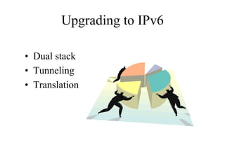 Upgrading to IPv6

• Dual stack
• Tunneling
• Translation
 