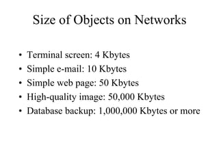 Size of Objects on Networks

•   Terminal screen: 4 Kbytes
•   Simple e-mail: 10 Kbytes
•   Simple web page: 50 Kbytes
•   High-quality image: 50,000 Kbytes
•   Database backup: 1,000,000 Kbytes or more
 