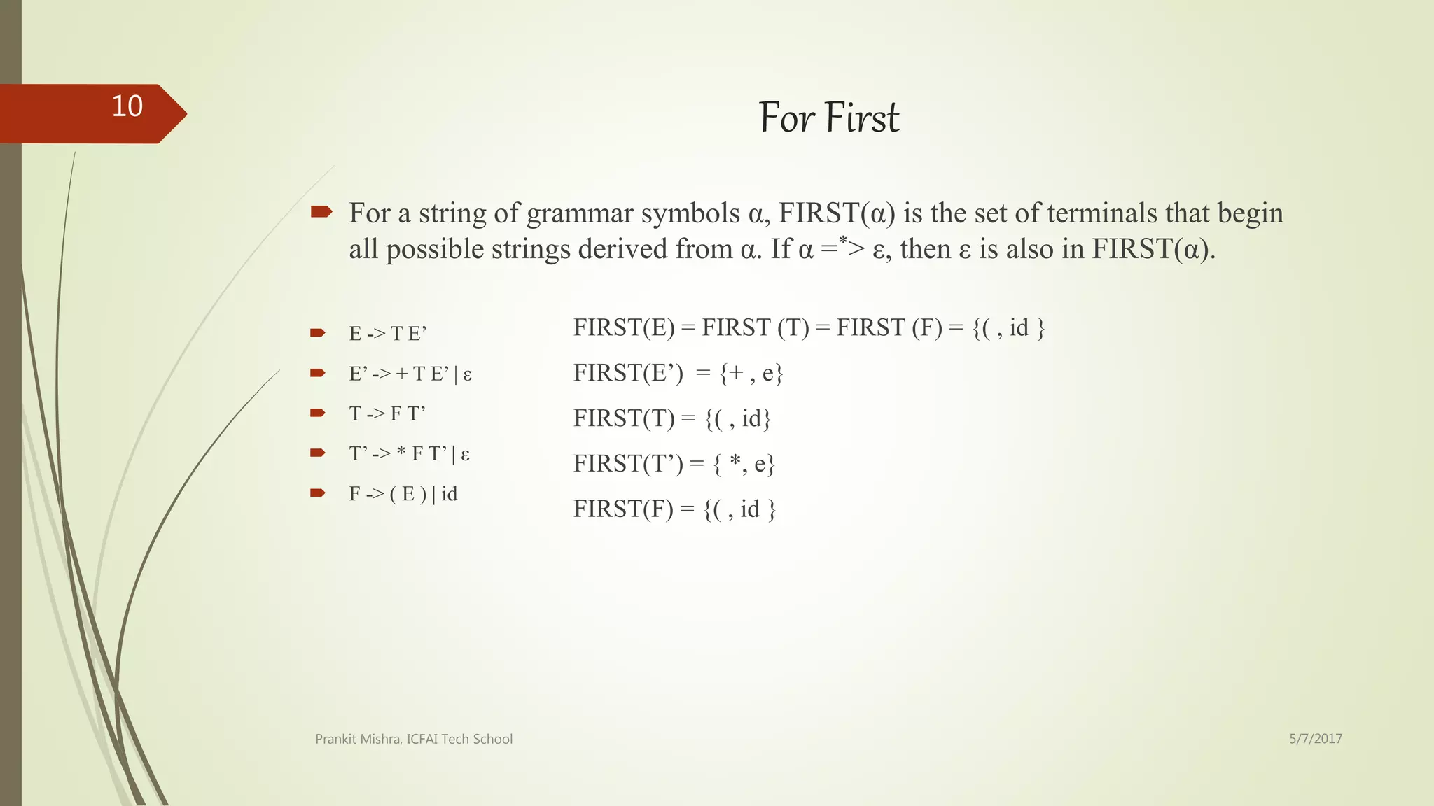 For First
 For a string of grammar symbols α, FIRST(α) is the set of terminals that begin
all possible strings derived from α. If α =*> ε, then ε is also in FIRST(α).
 E -> T E’
 E’ -> + T E’ | ε
 T -> F T’
 T’ -> * F T’ | ε
 F -> ( E ) | id
FIRST(E) = FIRST (T) = FIRST (F) = {( , id }
FIRST(E’) = {+ , e}
FIRST(T) = {( , id}
FIRST(T’) = { *, e}
FIRST(F) = {( , id }
5/7/2017Prankit Mishra, ICFAI Tech School
10
 