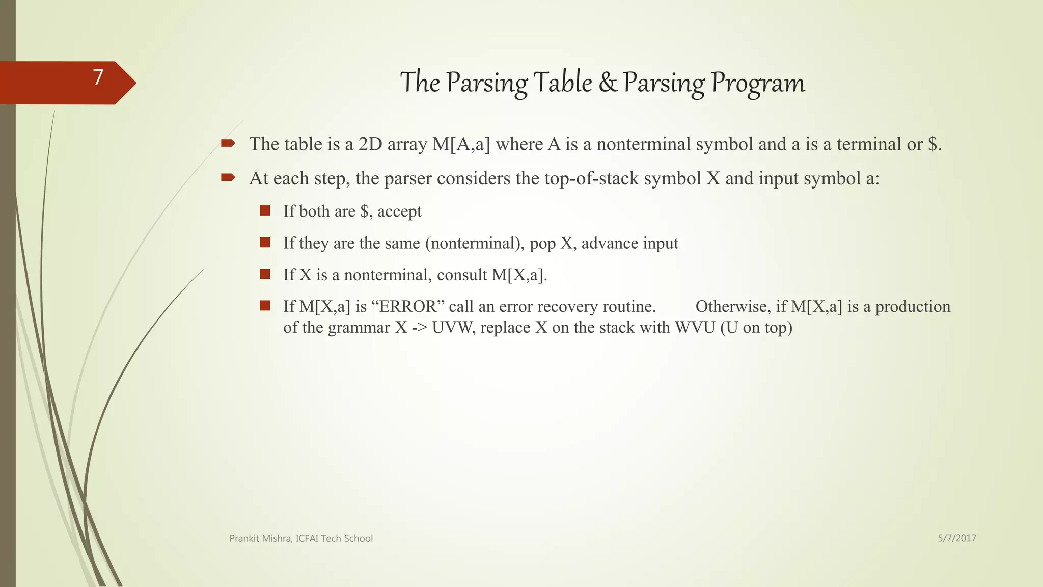 The Parsing Table & Parsing Program
 The table is a 2D array M[A,a] where A is a nonterminal symbol and a is a terminal or $.
 At each step, the parser considers the top-of-stack symbol X and input symbol a:
 If both are $, accept
 If they are the same (nonterminal), pop X, advance input
 If X is a nonterminal, consult M[X,a].
 If M[X,a] is “ERROR” call an error recovery routine. Otherwise, if M[X,a] is a production
of the grammar X -> UVW, replace X on the stack with WVU (U on top)
5/7/2017Prankit Mishra, ICFAI Tech School
7
 