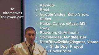 3 Components of
Presenting
24
1. Keynote
2. Prezi
3. Google Slides, Zoho Show,
Slides
4. Haiku, Canva, eMaze, MS
Sway
5. Powtoon, GoAnimate
6. SpicyNodes, MindMeister
7. NearPod, DisplayNote8. Flowvella, Glogster, Visme
9. Slide Dog, Projeqt
10.PowerPoint
 