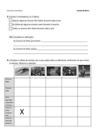 Avaliação intermédia 3 Estudo do Meio
3. Escreve V (verdadeiro) ou F (falso).
Apenas algumas árvores têm folhas durante todo o ano.
As folhas de algumas árvores caem durante o inverno.
Todas as árvores têm folhas durante todo o ano.
3.1. Completa as definições.
As árvores de folha persistente ____________________________________________
______________________________________________________________________
As árvores de folha caduca ________________________________________________
______________________________________________________________________
4. Completa a tabela de acordo com o que sabes sobre os diferentes ambientes em que vivem
as plantas. Observa o exemplo.
Vive na
água.
Vive no
solo.
Vive
agarrada
a paredes
e muros.
Vive na
areia
juntoao
mar.
X
Vive na
areiado
deserto.
 