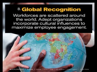 8.

Global Recognition

Workforces are scattered around
the world. Adept organizations
incorporate cultural influences to
maximize employee engagement.

BI WORLDWIDE.com | Australia | Canada | China | India | Latin America | United Kingdom | United States

 