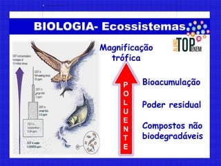 BIOLOGIA- Ecossistemas
Bioacumulação
Poder residual
Compostos não
biodegradáveis
P
O
L
U
E
N
T
E
Magnificação
trófica
 