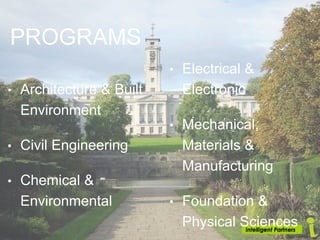 PROGRAMS
• Architecture & Built
Environment
• Civil Engineering
• Chemical &
Environmental
• Electrical &
Electronic
• Mechanical,
Materials &
Manufacturing
• Foundation &
Physical Sciences
 