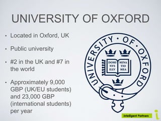 UNIVERSITY OF OXFORD
• Located in Oxford, UK
• Public university
• #2 in the UK and #7 in
the world
• Approximately 9,000
GBP (UK/EU students)
and 23,000 GBP
(international students)
per year
 