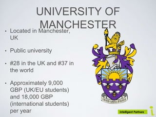 UNIVERSITY OF
MANCHESTER• Located in Manchester,
UK
• Public university
• #28 in the UK and #37 in
the world
• Approximately 9,000
GBP (UK/EU students)
and 18,000 GBP
(international students)
per year
 