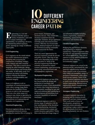 DIFFERENT
CAREER
ngineering is a vast and
Edynamic ﬁeld that spans a
variety of industries, each with
its own unique challenges and
opportunities. As technology advances,
the demand for skilled engineers
grows, opening up a range of diﬀerent
career paths.
Civil Engineering
Civil engineers are the minds behind
the world's infrastructure projects,
designing and overseeing the
construction of buildings, bridges,
roads, airports and other essential
structures. They play a crucial role in
shaping the urban landscape, taking
architectural designs and turning them
into reality. In their daily work civil
engineers are tasked with ﬁnding
creative solutions that balance
aesthetics with functionality and
structural integrity.
Some civil engineers work as
consultants on construction projects,
while others manage large plants,
determine the feasibility of new
projects or work in risk assessment.
There are a few niche areas civil
engineers may choose to specialise in,
including structural, civil engineering,
geotechnical civil engineering and
hydraulic civil engineering.
Electrical Engineering
Electrical engineers design, develop,
and maintain electrical systems,
ensuring the seamless ﬂow of energy to
specialisations available including
robotics engineering, automotive
engineering, nanotechnology,
automation and machine design.
Chemical Engineering
Bridging the gap between chemistry
and engineering is chemical
engineering. Chemical engineers often
develop new and innovative materials
for various applications. They aim to
optimise existing material production
processes while reducing
environmental impact.
Chemical engineers are critical in the
pharmaceuticals, petrochemicals, and
materials manufacturing industries.
Some chose to work in government
roles within environmental, energy or
geological departments, while others
prefer private industry. Some of the
niches chemical engineers can choose
to work in are oil and gas engineering,
nuclear engineering, pharmaceutical
engineering, plastics manufacturing
and petroleum engineering.
Aerospace Engineering
Aerospace engineers specialise in
designing and developing aircraft,
spacecraft, and their related systems.
Their work tends to focus on
aerodynamics, propulsion, and
materials science principles,
contributing to space exploration and
the advancement of air travel,
propelling humanity into new frontiers.
power homes, businesses, and
electronic devices. They ensure new
electrical equipment meets the
applicable standards, design appliances
and help create telecommunication
systems. With the rise of renewable
energy, electrical engineers are also at
the forefront of creating sustainable
power sources for the future.
There are career opportunities for
electrical engineers in both the private
and public sectors. Their day-to-day
work varies depending on the niche
they specialise in. Some of the
electrical engineering ﬁelds that are
currently in demand are control
systems engineering, signal processing
engineering, microelectronics and
electromagnetic engineering.
Mechanical Engineering
Mechanical engineers are one of the
key forces behind the design and
production of machinery and
mechanical systems. From automobiles
to robotics, they bring innovations to
life, constantly searching for new and
improved solutions and contributing to
the development of everything from
consumer electronics to industrial
machinery.
Mechanical engineers work in a
diverse range of industries with the
four main branches of the discipline
being manufacturing, mechanical
design, transportation systems and
system dynamics and control. Within
these areas there are a huge range of
 