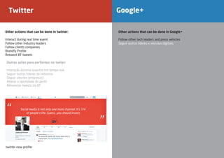 Twitter Google+
Other actions that can be done in twitter:
Interact during real time event
Follow other industry leaders
Follow clients companies
Brandfy Profile
Retweet BT tweets
twitter new profile
Other actions that can be done in Google+
Follow other tech leaders and press vehicles
Seguir outros líderes e veículos digitais;
Outras ações para performar no twiter:
Interação durante eventos em tempo real
Seguir outros líderes da indústria
Seguir clientes (empresas)
Alterar a identidade do perfil
Retweetar tweets da BT
 