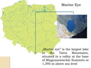 „Marine eye” is the largest lake
in the Tatra Mountains,
situated in a valley at the base
of Mięguszowieckie Summits at
1,395 m above sea level
Marine Eye
 