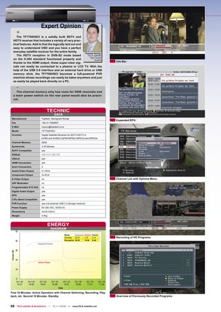 Expert Opinion
       +
     The TF7700HSCI is a solidly built SDTV and
  HDTV receiver that includes a variety of very prac-
  tical features. Add to that the logically laid out and
  easy to understand OSD and you have a perfect
  everyday satellite receiver for the entire family.
                                                         Thomas Haring
     The HDTV reception in DVB-S2 mode based               TELE-satellite
                                                             Test Center
  on the H.264 standard functioned properly and                  Austria
                                                                                        Info Bar
  thanks to the HDMI output, these super-clear sig-
  nals can easily be connected to a plasma or LCD TV. With the
  help of the USB 2.0 interface and an external hard drive or USB
  memory stick, the TF7700HSCI becomes a full-powered PVR
  machine whose recordings can easily be taken anywhere and just
  as easily be played back directly on a PC.

       -
    The channel memory only has room for 5000 channels and
  a main power switch on the rear panel would also be practi-
  cal.



                                   TECHNIC
                                           DATA
 Manufacturer                Topﬁeld, Seongnam/Korea
                                                                                        Expanded EPG
 Fax                         +82-31-7082607
 E-Mail                      inquiry@topﬁeld.co.kr
 Model                       TF7700HSCI
 Function                    Digital Satellite Receiver for SDTV/HDTV in
                             DVBS and DVBS2 (QPSK/8PSK) MPEG2 and MPEG4
 Channel Memory              5000
 Symbolrate                  2-45 Ms/sec.
 SCPC Compatible             yes
 DiSEqC                      1.0 / 1.1 / 1.2 / 1.3
 USALS                       yes
 HDMI Connection             yes
 Scart Connectors            2
 Audio/Video Output          3 x RCA
 Component Output            3x RCA
 S-Video Output              no                                                         Channel List with Options Menu
 UHF Modulator               no
 Programmable 0/12 Volt      no
 Digital Audio Output        yes
 EPG                         yes
 C/Ku-Band Compatible        yes
 PVR Function                yes (via external USB 2.0 storage medium)
 Power Supply                90-250 VAC, 50/60 Hz
 Dimensions                  43/26.5/6cm
 Weight                      2.9kg



                                    ENERGY
                                         DIAGRAM

                                                     Mode      Apparent Active Factor
                                                     StandBy   22 W     7W     0.31     Recording of HD Programs
                                                     Reception 39 W     19 W   0.48
                          Apparent Power




                          Active Power




First 15 Minutes: Active Operation with Channel Switching, Recording, Play-
back, etc. Second 15 Minutes: Standby                                                   Overview of Previously Recorded Programs


32 TELE-satellite & Broadband — 10-1
                                   1/2008 — www.TELE-satellite.com
 