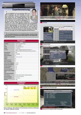 Expertenmeinung
       +
    Der TF7700HSCI ist ein grundsolider SDTV und
  HDTV Empfänger, der vom Hersteller mit einer
  Reihe praktischer Features ausgestattet wurde.
  Dazu kommt das von Topﬁeld gewohnte, sehr
  übersichtliche und leicht verständliche OSD, das
  diesen Receiver zum perfekten Alltagsgerät für     Thomas Haring
                                                       TELE-satellite
  die ganze Familie macht. Der HDTV Empfang in           Test Center
                                                             Austria
  DVB-S2 nach dem H.264 Standard funktioniert                                         Infoleiste
  problemlos und dank der HDMI Schnittstelle steht der gestochen
  scharfen Signalausgabe an einen Plasma- oder LCD-Fernseher
  nichts im Weg. Mit Hilfe des Anschlusses für externe USB 2.0
  Festplatten oder USB Sticks, wird der Receiver zum vollwertigen
  PVR, dessen Aufnahmen mühelos an jeden beliebigen Ort mitge-
  nommen und sogar am PC direkt abgespielt werden können.

       -
    Der Kanallistenspeicher ist mit 5000 Einträgen ziemlich knapp
  dimensioniert, ein mechanischer Netzschalter an der Geräterück-
  seite wäre praktisch.



                                  TECHNIC
                                         DATA
 Hersteller                Topﬁeld, Seongnam/Korea
                                                                                      Erweiterter EPG
 Fax                       +82-31-7082607
 E-Mail                    inquiry@topﬁeld.co.kr
 Modell                    TF7700HSCI
 Funktion                  Digitaler Satellitenreceiver für SDTV/HDTV in
                           DVBS und DVBS2 (QPSK/8PSK) MPEG2 und MPEG4
 Kanalspeicher             5000
 Symbolraten               2-45 Ms/sec.
 SCPC kompatibel           ja
 DiSEqC                    1.0 / 1.1 / 1.2 / 1.3
 USALS                     ja
 HDMI Anschluss            ja
 Scart Anschlüsse          2
 Audio/Video Ausgänge      3 x RCA
 Komponentenausgang        3x RCA
 S-Video Ausgang           nein                                                       Kanalliste mit Optionsmenü
 UHF Modulator             nein
 0/12 Volt Anschluss       nein
 Digitaler Audio Ausgang   ja
 EPG                       ja
 C/Ku-Band kompatibel      ja
 PVR-Funktion              ja (über externes USB 2.0 Speichermedium)
 Stromversorgung           90-250 VAC, 50/60 Hz
 Breite/Tiefe/Höhe         43/26.5/6cm
 Gewicht                   2.9kg



                                  ENERGY
                                       DIAGRAM

                                                   Mode      Apparent Active Factor
                                                   StandBy   22 W     7W     0.31     Aufnahme von HD-Sendungen
                                                   Reception 39 W     19 W   0.48
                        Apparent Power




                        Active Power




Ersten 15 Minuten: aktiver Betrieb mit Kanalwechsel, Aufnahme, Wiedergabe
etc. Zweiten 15 Minuten: Standby                                                      Übersicht der aufgezeichneten Sendungen


32 TELE-satellite & Broadband — 10-1
                                   1/2008 — www.TELE-satellite.com
 