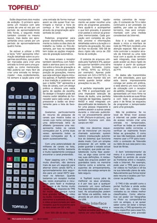 Estão disponíveis dois modos        uma entrada de forma manual        incorporado     muito    rapida-   rentes caminhos de recep-
de exibição: O primeiro apre-         assim se não quiser ficar res-     mente vai poder recolher uma       ção. O conteúdo da TV e rádio
senta um mosaico com sete             tringido a marcar a hora do        série de programas gravados.       continuará a ser prestado via
canais de uma só vez por um           começo e fim da gravação           Para ajudá-lo a acompanhar         satélite, por cabo ou difusão
período de aproximadamente            através da programação apre-       o que tem gravado, é possível      terrestre, mas será comple-
três horas, o segundo modo            sentada do canal.                  criar pastas e colocar as grava-   mentado com uma medida
também consiste no mesmo                                                 ções memorizadas. Cada gra-        considerável da Internet.
layout, mas desta vez apre-             Podemos programar para           vação vem completa de uma
sentando cinco canais por um          gravar diariamente, semanal-       foto preview e informações           Esta é a razão pela qual
período de aproximadamente            mente ou todos os dias úteis de    detalhadas sobre a duração e o     desde o início a interface de
quatro horas.                         trabalho ou todos os fins-de-      tamanho da gravação. No caso       rede do TMS tem recebido uma
                                      semana, por isso na realidade      de ficar na dúvida: 500 GB de      atenção especial. Não só per-
   Se estiver a utilizar o EPG        tem todas as opções imaginá-       disco rígido são cerca de 250      mite controlar o receptor atra-
a tecla “info” apresenta infor-       veis de gravação automática.       horas de exibição.                 vés da Internet ou uma rede
mação detalhada sobre os pro-                                                                               local com a ajuda do servidor
garmas escolhidos, que podem             No nosso ensaio o receptor        O sistema de arquivos utili-     web integrado, mas também
ser marcadas para criar uma           também identificou com fideli-     zado pela Topfield é JFS, apesar   pode aceder ao disco rígido do
entrada no timer para uma gra-        dade e alertava para os confli-    de suportar também uma série       receptor a partir de qualquer
vação ou como memorando.              tos sobre a hora de gravação a     de outros formatos (como           lugar no mundo, com a ajuda
Não poderia ser mais fácil de         programar, envolvendo sobre-       o FAT32, NTFS ou EXT2/3,           do FTP.
criar uma entrada no tempo-           posição de gravações, mesmo        por exemplo). Apenas pode
rizador - mas, evidentemente,         que seja sobrepor alguns minu-     escrever em JLS e EXT2/3, no         Os dados são transmitidos
há sempre a opção para criar          tos apenas. A Topfield mantém      entanto deve manter isto em        em alta velocidade, para que
                                      a boa tradição e podemos ver       mente quando tentar editar         esta teoria impressionante
                                      que o botão “OK” apresenta a       gravações no seu PC.               consiga ser posta em prática,
                                      lista de canais, com um design                                        e está aberto um novo mundo
                                      prático e oferece uma vasta           A perfeita impressão geral      de utilização com o receptor
                                      gama de opções de escolha.         do TMS é acompanhada por           de satélite. Imaginem – vai ser
                                      Se desejar o receptor pode até     uma impecável selecção de          apresentado um novo filme na
                                      mesmo exibir detalhes do for-      faixas de áudio, uma perfeita      televisão durante as suas férias
                                      necedor para cada canal, e ao      inserção de legendas, suporta      e com toda a preocupação
                                      pressionar o botão vai direc-      NVOD e está integrado um           para ir de férias se esqueceu
                                      tamente para a lista de favo-      descodificador de teletexto. Se    de programar o temporizador
                                      ritos.                             for uma pessoa impaciente e        para uma gravação.
                                                                         prefere assistir a outros canais
                                         Gostamos particularmente        durante o intervalo publicitá-       Não há problema: Se no
                                      do recurso da pesquisa de          rio vai provavelmente adorar       local de férias tiver acesso
                                      canais que mostra todos os         o PiP (Picture-in-picture), que    à internet vai poder através
                                      canais cujo nome começa por        também funciona com dois           do acesso remoto criar uma
                                      uma determinada letra do           canais em HD!                      entrada     no   temporizador,
                                      alfabeto (pressione uma vez:                                          verificar se todas as entradas
                                      apresenta todos os canais             Não nos devemos esque-          existentes estão correctas e
                                      começados por A, prima duas        cer de mencionar um recurso        verificar se realmente foram
                                      vezes: apresenta todos os          chamado automatic system           feitas as gravações. E como
                                      canais começados por B, e          restore (restauração automá-       se isso não bastasse, pode até
                                      assim sucessivamente).             tica do sistema) que funciona      mesmo usar o FTP para trans-
                                                                         deste modo: Com um simples         mitir o conteúdo de Televisão
                                        Com uma potencialidade de        pressionar de um botão vai         ou rádio de sua casa para o seu
                                      milhares de canais na lista,       poder guardar o estado actual      local de férias.
                                      este recurso facilita bastante     do receptor, que pode ser res-
                                      e muito rapidamente consegue       tabelecido numa fase poste-          O item ‘entretenimento’ do
                                      encontrar o canal pretendido.      rior, se algo coisa correr mal     menu é o primeiro passo da
                                                                         nas suas definições. A restau-     Topfield no sentido de anular
                                         Fazer zapping com o TMS é       ração dos arquivos podem ser       as fronteiras entre o receptor,
                                      muito divertido, não demora        guardados tanto na memória         rede e Internet. Por exemplo,
                                      mais de que um segundo para        interna como a externa, em         pode usar o TMS para procu-
                                      alternar entre canais SDTV, e      suportes de armazenamento,         rar vídeos no YouTube e vê-los
                                      aproximadamente dois segun-        de modo que esteja sempre do       na sua televisão plana da sala.
                                      dos para um canal HDTV apa-        lado seguro.                       Naturalmente que fomos testar
                                      recer no televisor. Quando                                            este recurso e acabou por fun-
                                      testamos um receptor muitas           A Topfield nunca pára de        cionar na perfeição.
                                      das vezes avançamos e recu-        melhorar os seus produtos,
                                      amos para fazer a mudança          e é por isso que a qualquer           O TMS é tão versátil como o
                                      de canais e de forma muito         momento um novo software           portal YouTube e ainda exibe
                                      rápida, mas a resposta do TMS      fica disponibilizado para down-    uma lista dos vídeos mais
                                      foi muito boa porque nunca         load. As actualizações podem       visitados ou os vídeos melhor
                                      teve grandes falhas de vídeo       ser feitas via satélite, rede ou   classificados. Como alterna-
                                      ou áudio. Concluindo no geral,     através de um stick de memó-       tiva vai poder ver fotografias
                                      adoramos a qualidade de áudio      ria USB.                           no Flickr ou compartilhá-los
                                      e vídeo proporcionada por este
                                      receptor, que foi excelente para     Rede Interface                   com os amigos, e se quiser
                                                                                                            saber como vai estar o tempo
                                      os dois sinais em SD e HD.           Como mencionado acima a          nesse dia, o TMS apresenta um
                                                                         Topfield acredita que no futuro    menu específico para esse fim,
                                        Com 500 GB do disco rígido       vamos ver uma fusão de dife-       proporcionando uma previsão

32 TELE-satellite & Broadband — 06-07/2009 — www.TELE-satellite.com
 