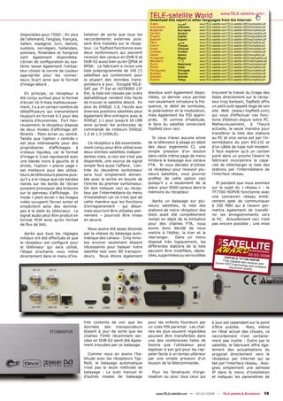 TELE-satelliteother languageswww.TELE-satellite.com/...
                                                                             Download this report in
                                                                                                     World from the Internet:
                                                                             Arabic          ‫ﺍﻟﻌﺮﺑﻴﺔ‬      www.TELE-satellite.com/TELE-satellite-0803/ara/topﬁeld.pdf
                                                                             Indonesian      Indonesia    www.TELE-satellite.com/TELE-satellite-0803/bid/topﬁeld.pdf
                                                                             Bulgarian       Български    www.TELE-satellite.com/TELE-satellite-0803/bul/topﬁeld.pdf
                                                                             German          Deutsch      www.TELE-satellite.com/TELE-satellite-0803/deu/topﬁeld.pdf
disponibles pour l’OSD : En plus      tallation de sorte que tous les        English         English      www.TELE-satellite.com/TELE-satellite-0803/eng/topﬁeld.pdf
de l'allemand, l’anglais, français,   raccordements externes puis-           Spanish         Español      www.TELE-satellite.com/TELE-satellite-0803/esp/topﬁeld.pdf
italien, espagnol, turc, danois,      sent être installés sur le récep-      Farsi           ‫ﻓﺎﺭﺳﻲ‬        www.TELE-satellite.com/TELE-satellite-0803/far/topﬁeld.pdf
                                                                             French          Français     www.TELE-satellite.com/TELE-satellite-0803/fra/topﬁeld.pdf
suédois, norvégien, hollandais,       teur. Le Topﬁeld fonctionne avec       Greek           Ελληνικά     www.TELE-satellite.com/TELE-satellite-0803/hel/topﬁeld.pdf
polonais, ﬁnlandais et hongrois       deux syntoniseurs qui peuvent          Croatian        Hrvatski     www.TELE-satellite.com/TELE-satellite-0803/hrv/topﬁeld.pdf
                                                                             Italian         Italiano     www.TELE-satellite.com/TELE-satellite-0803/ita/topﬁeld.pdf
sont également disponibles.           recevoir des canaux en DVB-S et        Hungarian       Magyar       www.TELE-satellite.com/TELE-satellite-0803/mag/topﬁeld.pdf
L'écran de conﬁguration du sys-       DVB-S2 aussi bien qu’en QPSK et        Mandarin        中文           www.TELE-satellite.com/TELE-satellite-0803/man/topﬁeld.pdf
                                                                             Dutch           Nederlands   www.TELE-satellite.com/TELE-satellite-0803/ned/topﬁeld.pdf
tème laisse également l'utilisa-      8PSK. Le fabricant a inclus une        Polish          Polski       www.TELE-satellite.com/TELE-satellite-0803/pol/topﬁeld.pdf
teur choisir la norme de couleur      liste préprogrammée de 145 (!)         Portuguese      Português    www.TELE-satellite.com/TELE-satellite-0803/por/topﬁeld.pdf
                                                                             Russian         Русский      www.TELE-satellite.com/TELE-satellite-0803/rus/topﬁeld.pdf
appropriée pour les connec-           satellites qui contiennent pour        Swedish         Svenska      www.TELE-satellite.com/TELE-satellite-0803/sve/topﬁeld.pdf
teurs Scart ainsi que le format       la plupart des données trans-          Turkish         Türkçe       www.TELE-satellite.com/TELE-satellite-0803/tur/topﬁeld.pdf
d'image désiré .                      pondeurs à jour. Excepté NILE-
                                      SAT par 7° Est et HOTBIRD 13°
   En principe, ce récepteur a        Est, la liste est classée par ordre   étendus sont également dispo-           trouvent le travail du triage des
été conçu surtout pour le format      alphabétique rendant très facile      nibles, ce dernier vous permet          listes directement sur le récep-
d’écran 16:9 mais malheureuse-        de trouver le satellite désiré. En    non seulement introduire la fré-        teur trop barbant, Topﬁeld offre
ment, il y a un certain nombre de     plus du DiSEqC 1.0, l’accès aux       quence, le débit de symboles,           un petit outil appelé Vega de son
télédiffuseurs qui transmettent       diverses positions satellites peut    la polarisation et la modulation,       site Web (www.i-topﬁeld.com)
toujours en format 4:3 pour des       également être entrepris avec le      mais également les PID appro-           qui vous d’effectuer ces fonc-
raisons d’économies. Fort heu-        DiSEqC 1.1 pour jusqu'à 16 LNB        priés. Et comme d’habitude,             tions d'édition depuis votre PC.
reusement, le récepteur dispose       ainsi qu’avec les protocoles de       le fans du satellite remercient         Malheureusement, à l'heure
de deux modes d'afﬁchage dif-         commande de moteurs DiSEqC            Topﬁeld pour ceci.                      actuelle, la seule manière pour
férents : Plein écran ou centré.      1.2 et 1.3 (USALS).                                                           transférer la liste des stations
Tandis que l'option « centrée »                                                Si vous n'avez aucune envie          au PC et vice versa est par l'in-
est plus intéressante pour des           Ce récepteur a été essentielle-    de la télévision à péage en dépit       termédiaire du port RS-232 et
propriétaires      d'afﬁchages   à    ment conçu pour être utilisé avec     des deux logements CI, une              d'un câble de type null-modem.
cristaux liquides, car le format      deux entrées satellites indépen-      simple pression d'un bouton             Il faut espérer qu’à un certain
d'image 4:3 est représenté avec       dantes mais, si ceci est n’est pas    dans cette même page de menu            point dans un proche l'avenir le
une bande noire à gauche et à         disponible, une source de signal      limitera le balayage aux canaux         fabricant incorporera la capa-
droite, l'option « pleine page »      simple fera aussi l’affaire. L'en-    FTA. Si vous décidez d'utiliser         cité de télécharger la liste des
est meilleure pour des utilisa-       trée du deuxième syntoniseur          ce récepteur pour recevoir plu-         stations par l'intermédiaire de
teurs de téléviseurs plasma puis-     sera tout simplement alimen-          sieurs satellites, vous pourrez         l'interface réseau.
qu'il y a le risque que ces bandes    tée avec la sortie en boucle de       proﬁter de cette option ceci
noires sur les bords de l’écran       l’entrée du premier syntoniseur.      puisqu'il y a seulement de la              Et pendant que nous sommes
puissent provoquer des brûlures       On doit indiquer ceci au récep-       place pour 5000 canaux dans la          sur le sujet du « réseau » : le
sur le panneau d'afﬁchage. En         teur par l'intermédiaire du menu      mémoire du récepteur.                   TF7700 HDPVR fonctionne avec
mode « plein écran » les images       d'installation car ce n’est que de                                            une connexion réseau entiè-
vidéo occupent l'écran entier et      cette manière que les fonctions          Après un balayage sur plu-           rement apte de communiquer
empêchent ainsi des domma-            d'enregistrement - qui désor-         sieurs satellites, la liste des         à 100 MBit qui à l'avenir per-
ges à la dalle du téléviseur. Le      mais pourront être utilisées plei-    stations de notre récepteur des         mettra également de transfé-
signal audio peut être produit en     nement – pourront être mises          tests avait été complètement            rer les enregistrements vers
format PCM ainsi qu’en format         en œuvre.                             rempli en dépit de la limitation        le PC. Actuellement ceci n'est
de ﬂux de bits.                                                             pour des chaînes FTA, nous              pas encore possible ; une mise
                                        Nous avons été assez étonnés        avons donc décidé de nous
   Après que tous les réglages        par la vitesse du balayage auto-      mettre à l'éditer, la trier et la
initiaux ont été effectués et que     matique des canaux : Cinq minu-       réarranger.     Dans un menu
le récepteur est conﬁguré pour        tes environ seulement étaient         disposé très logiquement, les
le téléviseur qui sera utilisé,       nécessaires pour balayer notre        différentes stations de la liste
l’étape prochaine vous mène           satellite test avec 80 transpon-      peuvent être modiﬁées, dépla-
                                                                            cées, supprimées ou verrouillées                                       02 -0 3/ 20 08
directement dans le menu d'ins-       deurs. Nous étions également                                                           TOPFIELD TF
                                                                                                                            Fully capa      7700 HDPVR
                                                                                                                       proven HDTV ble twin rec eiver with
                                                                                                                                     technology an
                                                                                                                                 ing picture qu      d outstand-
                                                                                                                                                ality.




                                      très contents de voir que les         pour les enfants fouineurs par          à jour est cependant sur le point
                                      données    des   transpondeurs        un code PIN parental. Les chaî-         d’être publiée.       Mais, même
                                      étaient à jour de sorte que les       nes les plus souvent regardées          en l’état actuel des choses, ce
                                      chaînes TVHD récemment lan-           peuvent être transférées dans           raccordement n'est certaine-
                                      cées en DVB-S2 aient été égale-       une des nombreuses listes de            ment pas inutile : Outre par le
                                      ment trouvées par ce balayage.        favoris que l’utilisateur peut          satellite, le fabricant offre éga-
                                                                            baptiser à son gré pour les rap-        lement des actualisations du
                                         Comme nous en avons l’ha-          peler facile à un temps ultérieur       progiciel directement vers le
                                      bitude avec les récepteurs Top-       par une simple pression d'un            récepteur par Internet qui se
                                      ﬁeld, le balayage automatique         bouton de la télécommande.              fait par l'interface réseau. Assi-
                                      n'est pas la seule méthode de                                                 gnez simplement une adresse
                                      balayage : Le scan manuel et            Pour les fanatiques d'orga-           IP dans le menu d'installation
                                      d'autres modes de balayage            nisation ou pour tous ceux qui          et indiquez les paramètres de



                                                                                www.TELE-satellite.com — 02-03/2008 — TELE-satellite & Broadband                 19
 