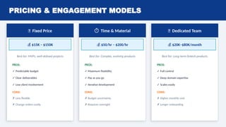 PRICING & ENGAGEMENT MODELS
🎯 Fixed Price
💰 $15K – $150K
Best for: MVPs, well-defined projects
PROS:
✓ Predictable budget
✓ Clear deliverables
✓ Low client involvement
CONS:
✗ Less flexible
✗ Change orders costly
️
⏱️ Time & Material
💰 $50/hr – $200/hr
Best for: Complex, evolving products
PROS:
✓ Maximum flexibility
✓ Pay as you go
✓ Iterative development
CONS:
✗ Budget uncertainty
✗ Requires oversight
👥 Dedicated Team
💰 $20K–$80K/month
Best for: Long-term fintech products
PROS:
✓ Full control
✓ Deep domain expertise
✓ Scales easily
CONS:
✗ Higher monthly cost
✗ Longer onboarding
 