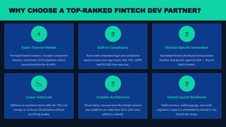 WHY CHOOSE A TOP-RANKED FINTECH DEV PARTNER?
⚡
Faster Time-to-Market
Pre-built fintech modules, reusable component
libraries, and proven CI/CD pipelines reduce
launch timelines by 40–60%.
🔐
Built-In Compliance
Teams with embedded legal and compliance
experts ensure your app meets AML, KYC, GDPR,
and PCI-DSS from day one.
💡
Domain-Specific Innovation
Specialized fintech developers bring product
intuition that generic agencies lack — they've
built it before.
📉
Lower Total Cost
Offshore or nearshore teams offer 60–70% cost
savings vs. in-house US/UK teams without
sacrificing quality.
🔄
Scalable Architecture
Cloud-native, microservices-first design ensures
your platform can scale from 1K to 10M users
without a rebuild.
🌐
Global Launch Readiness
Multi-currency, multi-language, and multi-
regulatory support is embedded by default in top
fintech dev shops.
 