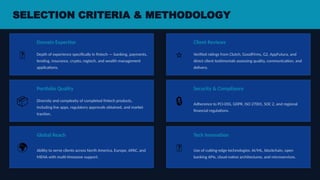 SELECTION CRITERIA & METHODOLOGY
🏅
Domain Expertise
Depth of experience specifically in fintech — banking, payments,
lending, insurance, crypto, regtech, and wealth management
applications.
⭐
Client Reviews
Verified ratings from Clutch, GoodFirms, G2, AppFutura, and
direct client testimonials assessing quality, communication, and
delivery.
📦
Portfolio Quality
Diversity and complexity of completed fintech products,
including live apps, regulatory approvals obtained, and market
traction.
🔒
Security & Compliance
Adherence to PCI-DSS, GDPR, ISO 27001, SOC 2, and regional
financial regulations.
🌍
Global Reach
Ability to serve clients across North America, Europe, APAC, and
MENA with multi-timezone support.
🤖
Tech Innovation
Use of cutting-edge technologies: AI/ML, blockchain, open
banking APIs, cloud-native architectures, and microservices.
 