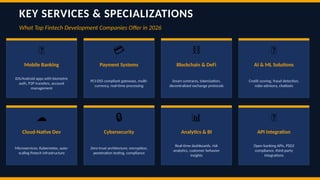 KEY SERVICES & SPECIALIZATIONS
What Top Fintech Development Companies Offer in 2026
📱
Mobile Banking
iOS/Android apps with biometric
auth, P2P transfers, account
management
💳
Payment Systems
PCI-DSS compliant gateways, multi-
currency, real-time processing
⛓️
Blockchain & DeFi
Smart contracts, tokenization,
decentralized exchange protocols
🤖
AI & ML Solutions
Credit scoring, fraud detection,
robo-advisory, chatbots
☁️
Cloud-Native Dev
Microservices, Kubernetes, auto-
scaling fintech infrastructure
🔒
Cybersecurity
Zero-trust architecture, encryption,
penetration testing, compliance
📊
Analytics & BI
Real-time dashboards, risk
analytics, customer behavior
insights
🔗
API Integration
Open banking APIs, PSD2
compliance, third-party
integrations
 