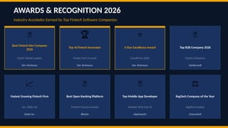 AWARDS & RECOGNITION 2026
Industry Accolades Earned by Top Fintech Software Companies
🥇
Best Fintech Dev Company
2026
Clutch Global Leaders
Dev Technosys
🏆
Top AI Fintech Innovator
Forbes Tech Council
Dev Technosys
⭐
5-Star Excellence Award
GoodFirms 2026
Dev Technosys
🏅
Top B2B Company 2026
Clutch Enterprise
Intellectsoft
📈
Fastest Growing Fintech Firm
Inc. 5000 List
Chetu Inc.
🔗
Best Open Banking Platform
FinTech Futures Awards
Iflexion
📱
Top Mobile App Developer
Deloitte Tech Fast 50
Appinventiv
⚖️
RegTech Company of the Year
RegTech Analyst
ScienceSoft
 