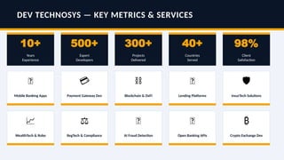 DEV TECHNOSYS — KEY METRICS & SERVICES
10+
Years
Experience
500+
Expert
Developers
300+
Projects
Delivered
40+
Countries
Served
98%
Client
Satisfaction
📱
Mobile Banking Apps
💳
Payment Gateway Dev
️
⛓️
Blockchain & DeFi
🏦
Lending Platforms
️
🛡️
InsurTech Solutions
📈
WealthTech & Robo
⚖️
RegTech & Compliance
🤖
AI Fraud Detection
🔗
Open Banking APIs
₿
Crypto Exchange Dev
 