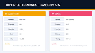 TOP FINTECH COMPANIES — RANKED #6 & #7
#6 Appinventiv
📍 Location India / UAE
🗓 Founded 2015
👥 Team Size 1,500+
🤝 Clients 350+
⭐ Rating 4.7 / 5.0
Specialty:
Mobile fintech apps, digital banking, blockchain DeFi
#7 Softeq
📍 Location USA / Germany
🗓 Founded 1997
👥 Team Size 600+
🤝 Clients 200+
⭐ Rating 4.6 / 5.0
Specialty:
Embedded finance, cloud-native fintech, IoT payments
 