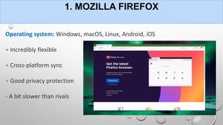 1. MOZILLA FIREFOX
Operating system: Windows, macOS, Linux, Android, iOS
+ Incredibly flexible
+ Cross-platform sync
+ Good privacy protection
- A bit slower than rivals
 