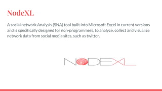 NodeXL
A social network Analysis (SNA) tool built into Microsoft Excel in current versions
and is specifically designed for non-programmers, to analyze, collect and visualize
network data from social media sites, such as twitter.
 
