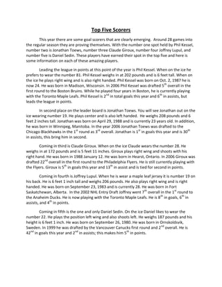Top Five Scorers
       This year there are some goal scorers that are clearly emerging. Around 28 games into
the regular season they are proving themselves. With the number one spot held by Phil Kessel,
number two is Jonathan Toews, number three Claude Giroux, number four Joffrey Lupul, and
number five is Daniel Sedin. These players have earned their spot in the top five and here is
some information on each of these amazing players.

         Leading the league in points at this point of the year is Phil Kessel. When on the ice he
prefers to wear the number 81. Phil Kessel weighs in at 202 pounds and is 6 feet tall. When on
the ice he plays right wing and is also right handed. Phil Kessel was born on Oct. 2, 1987 he is
now 24. He was born in Madison, Wisconsin. In 2006 Phil Kessel was drafted 5th overall in the
first round to the Boston Bruins. While he played four years in Boston, he is currently playing
with the Toronto Maple Leafs. Phil Kessel is 2nd in total goals this year and 6th in assists, but
leads the league in points.

        In second place on the leader board is Jonathan Toews. You will see Jonathan out on the
ice wearing number 19. He plays center and is also left handed. He weighs 208 pounds and 6
feet 2 inches tall. Jonathan was born on April 29, 1988 and is currently 23 years old. In addition,
he was born in Winnipeg, Manitoba. In the year 2006 Jonathan Toews was drafted to the
Chicago Blackhawks in the 1st round as 3rd overall. Jonathan is 1st in goals this year and is 30th
in assists, this bring him in second.

        Coming in third is Claude Giroux. When on the ice Claude wears the number 28. He
weighs in at 172 pounds and is 5 feet 11 inches. Giroux plays right wing and shoots with his
right hand. He was born in 1988 January 12. He was born in Hearst, Ontario. In 2006 Giroux was
drafted 22nd overall in the first round to the Philadelphia Flyers. He is still currently playing with
the Flyers. Giroux is 5th in goals this year and 13th in assist and is tied for second in points.

         Coming in fourth is Joffrey Lupul. When he is wear a maple leaf jersey it is number 19 on
his back. He is 6 feet 1 inch tall and weighs 206 pounds. He also plays right wing and is right
handed. He was born on September 23, 1983 and is currently 28. He was born in Fort
Saskatchewan, Alberta. In the 2002 NHL Entry Draft Joffrey went 7th overall in the 1st round to
the Anaheim Ducks. He is now playing with the Toronto Maple Leafs. He is 8 th in goals, 6th in
assists, and 4th in points.

        Coming in fifth is the one and only Daniel Sedin. On the ice Daniel likes to wear the
number 22. He plays the position left wing and also shoots left. He weighs 187 pounds and his
height is 6 feet 1 inch. He was born on September 26, 1980. He was born in Ornskoldsvik,
Sweden. In 1999 he was drafted by the Vancouver Canucks first round and 2 nd overall. He is
42nd in goals this year and 2nd in assists; this makes him 5th in points.
 