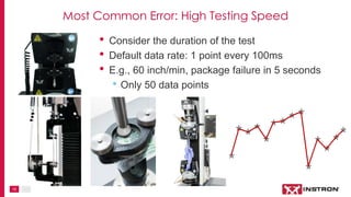 15
• Consider the duration of the test
• Default data rate: 1 point every 100ms
• E.g., 60 inch/min, package failure in 5 seconds
• Only 50 data points
Most Common Error: High Testing Speed
 
