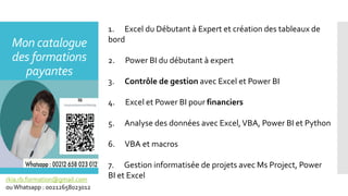 Mon catalogue
des formations
payantes
1. Excel du Débutant à Expert et création des tableaux de
bord
2. Power BI du débutant à expert
3. Contrôle de gestion avec Excel et Power BI
4. Excel et Power BI pour financiers
5. Analyse des données avec Excel,VBA, Power BI et Python
6. VBA et macros
7. Gestion informatisée de projets avec Ms Project, Power
BI et Excel
rkia.rb.formation@gmail.com
ouWhatsapp : 00212658023012
 