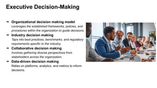 Executive Decision-Making
➔ Organizational decision making model
Leverages the established frameworks, policies, and
procedures within the organization to guide decisions.
➔ Industry decision making
Taps into best practices, benchmarks, and regulatory
requirements specific to the industry.
➔ Collaborative decision making
Involves gathering diverse perspectives from
stakeholders across the organization.
➔ Data-driven decision making
Relies on platforms, analytics, and metrics to inform
decisions.
 