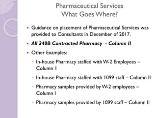 Pharmaceutical Services
What Goes Where?
 Guidance on placement of Pharmaceutical Services was
provided to Consultants in December of 2017.
 All 340B Contracted Pharmacy - Column II
 Other Examples:
◦ In-house Pharmacy staffed withW-2 Employees –
Column 1
◦ In-house Pharmacy staffed with 1099 staff – Column II
◦ Pharmacy samples provided by W-2 employees –
Column I
◦ Pharmacy samples provided by 1099 staff – Column II
 