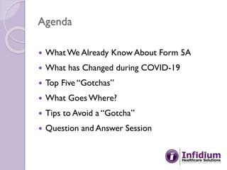 Agenda
 What We Already Know About Form 5A
 What has Changed during COVID-19
 Top Five “Gotchas”
 What Goes Where?
 Tips to Avoid a “Gotcha”
 Question and Answer Session
 