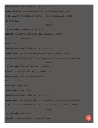 Time Direction : Monday – Sunday: 07:00 am – 08:00 pm
Teachers Name:The Gate Teacher in Karna Institute of Engineering For Ms: Karan
Fee Structure: The EC EE IE Course Fee For the Normal 1 Year approx.above 35,000
ESE 2018 syllabus
Rank -5
COACHING NAME : Best Gate Coaching Center
ADDRESS : Sco: 112-113, 4th Floor, Chandigarh, Chandigarh – 160020
Contact Number : 9888478188
Website : N/A
Time Direction : Monday – Sunday: 09:30 am – 07:30 pm
Teachers Name: The Gate Teacher in Best Gate Coaching Center For Mr: Deepak
Fee Structure: The Civil/ME/CS/IE/ECE Course Fee For the Normal 1 Year approx.above 33,000
Rank -6
COACHING NAME : Dronacharya Institute of Engineers
ADDRESS : No. 79, Phase 5, Mohali, Chandigarh- 160062
Contact Number : 0172 – 4027532, 8968814403
Website : www.drona.org
Email: drona.ho@gmail.com
Director Name: Mr: Alok Chauhan
Time Direction : Monday – Sunday: 08:00 am – 09:00 pm
Teachers Name: The Gate Teacher in Dronacharya Institute of Engineers For Mr: Ram Niwas(B.E)
Fee Structure: The Civil/ME/CS/IE Course Fee For the Normal 1 Year approx.above 37,500
Rank -7
COACHING NAME : Gate Gurus
ADDRESS : No. 128-129, Sector 34A, Chandigarh- 160022 
 