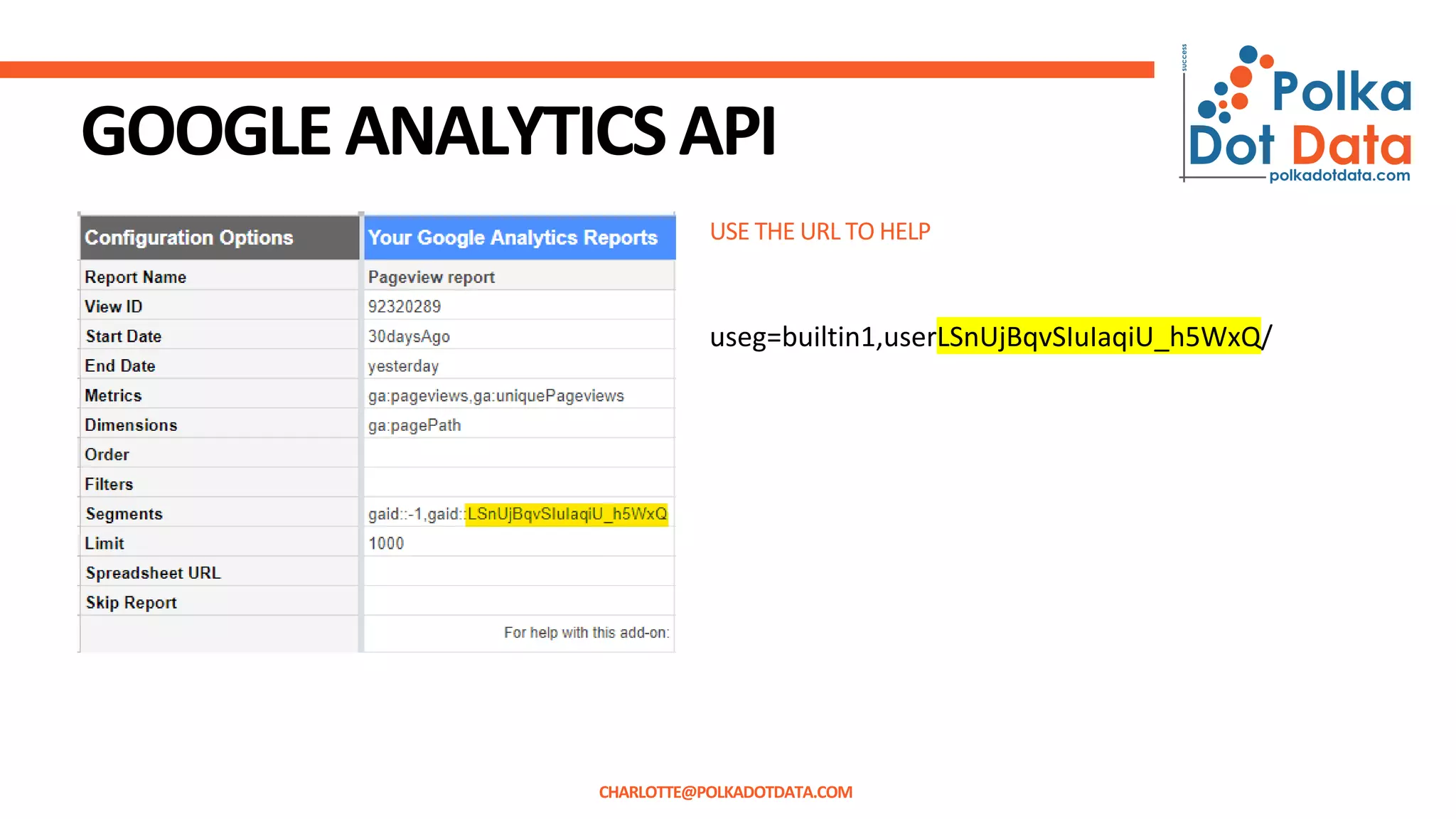 USE THE URL TO HELP
GOOGLEANALYTICSAPI
useg=builtin1,userLSnUjBqvSIuIaqiU_h5WxQ/
CHARLOTTE@POLKADOTDATA.COM
 