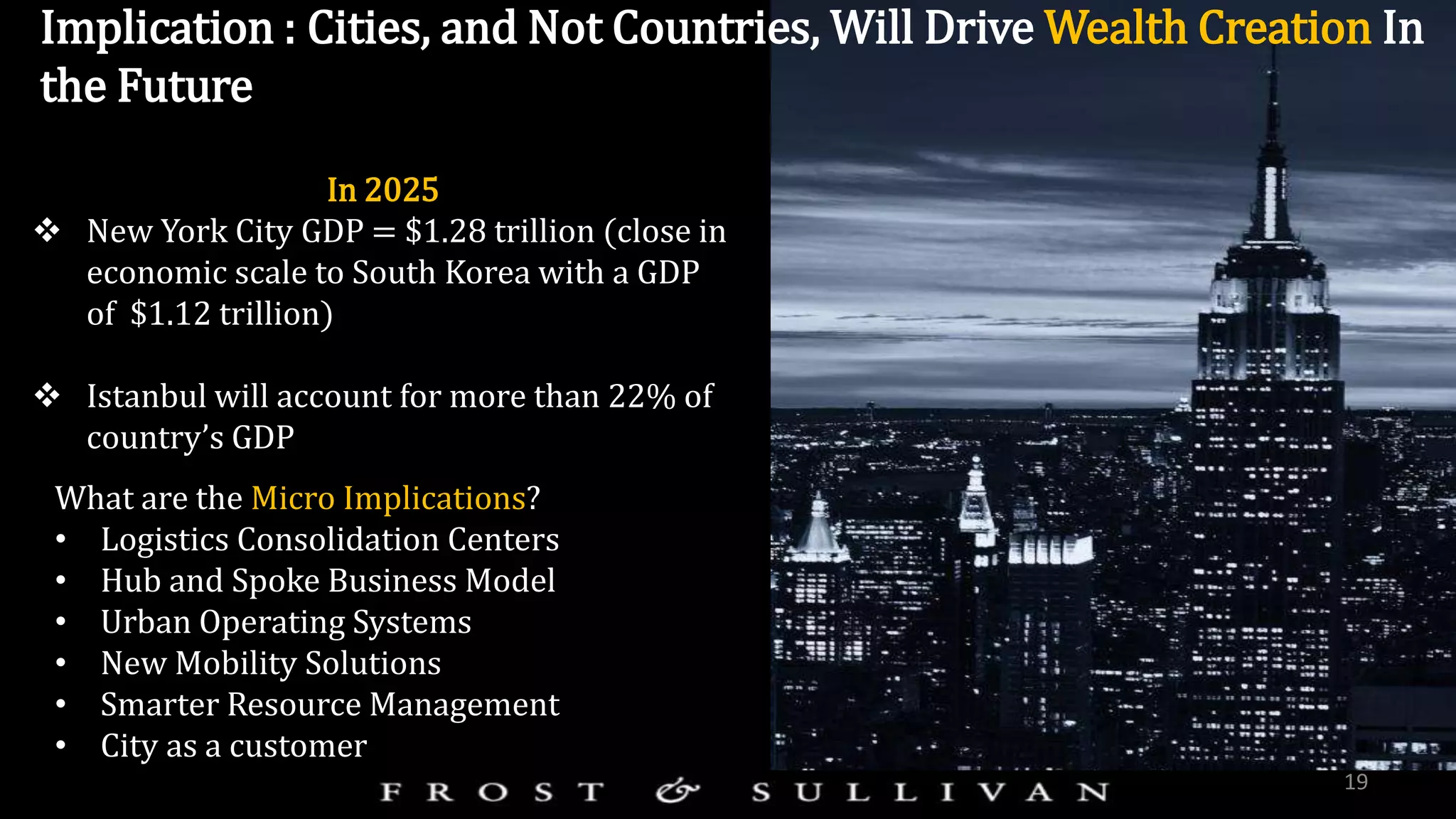 Implication : Cities, and Not Countries, Will Drive Wealth Creation In
the Future
What are the Micro Implications?
• Logistics Consolidation Centers
• Hub and Spoke Business Model
• Urban Operating Systems
• New Mobility Solutions
• Smarter Resource Management
• City as a customer
19
In 2025
 New York City GDP = $1.28 trillion (close in
economic scale to South Korea with a GDP
of $1.12 trillion)
 Istanbul will account for more than 22% of
country’s GDP
 