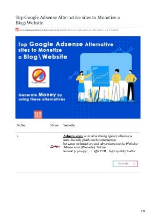 Top Google Adsense Alternative sites to Monetize a
BlogWebsite
seorankingonline.blogspot.com/2020/06/top-google-adsense-alternative-sites-to.html
Sr No. Name Website
1 Adnow.com is an advertising agency offering a
user-friendly platform for interaction
between webmasters and advertisers on the Website
Adnow.com (Website). Native
format | cpm/ppc | 1.15% CTR | high quality traffic
1/11
 