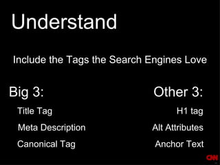 Understand Include the Tags the Search Engines Love Title Tag Meta Description Canonical Tag H1 tag Alt Attributes Anchor Text Big 3: Other 3: 