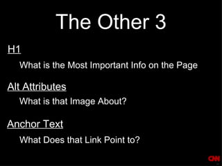 The Other 3 H1 Alt Attributes Anchor Text What is the Most Important Info on the Page What is that Image About? What Does that Link Point to? 