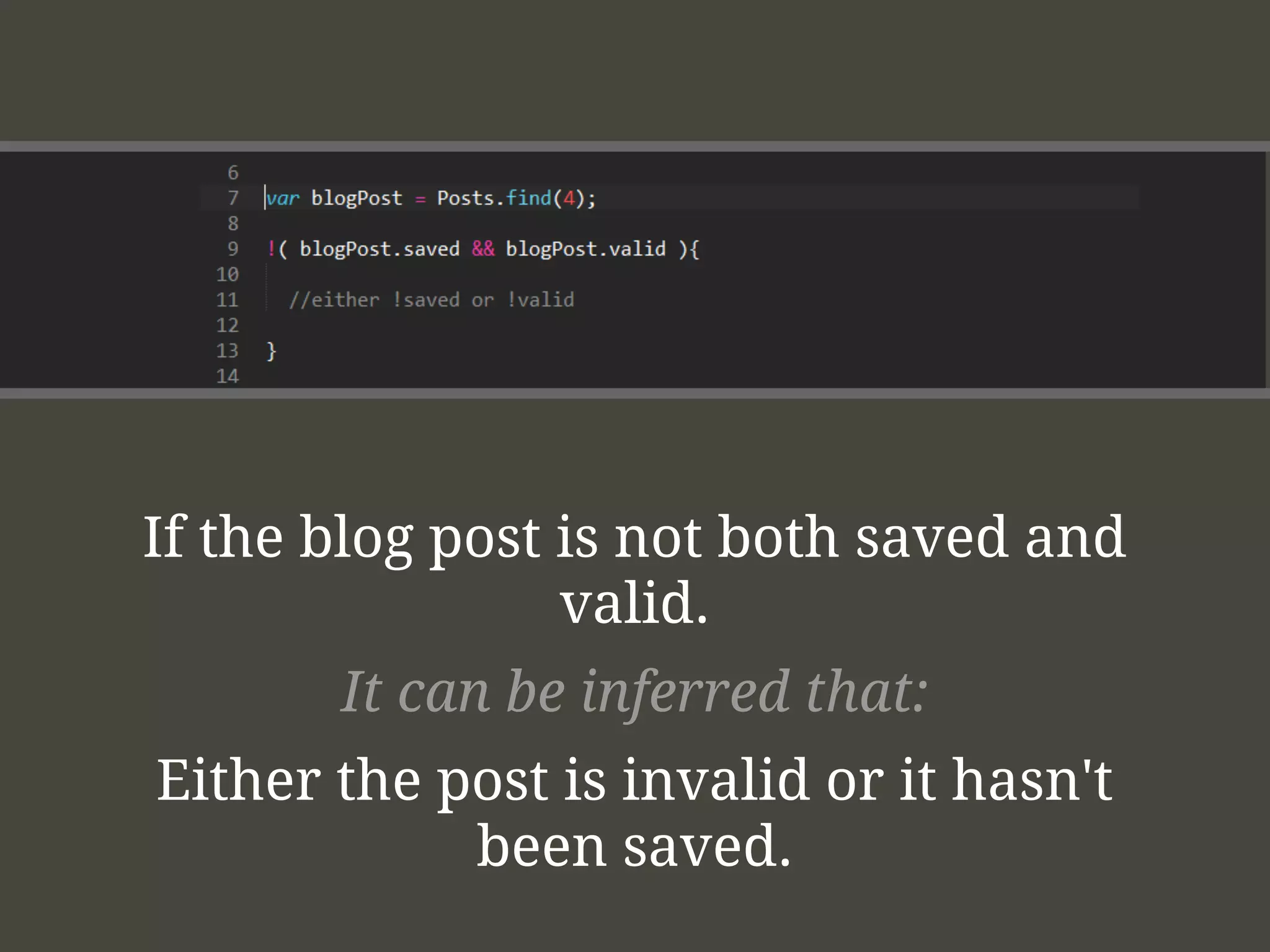 If the blog post is not both saved and
valid.
It can be inferred that:
Either the post is invalid or it hasn't
been saved.
 