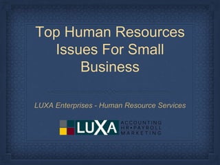 Top Human Resources
Issues For Small
Business
LUXA Enterprises - Human Resource Services
 